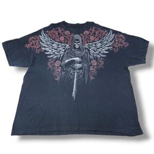 2009 Liquid Blue Shirt Size 4XL Y2K Grim Reaper Skulls Sword Graphic Tee Cut Tag